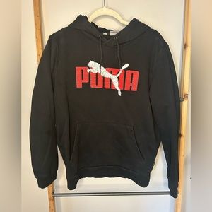Puma Layered Graphic Logo Pocket Fleece Hoodie Black Size Medium